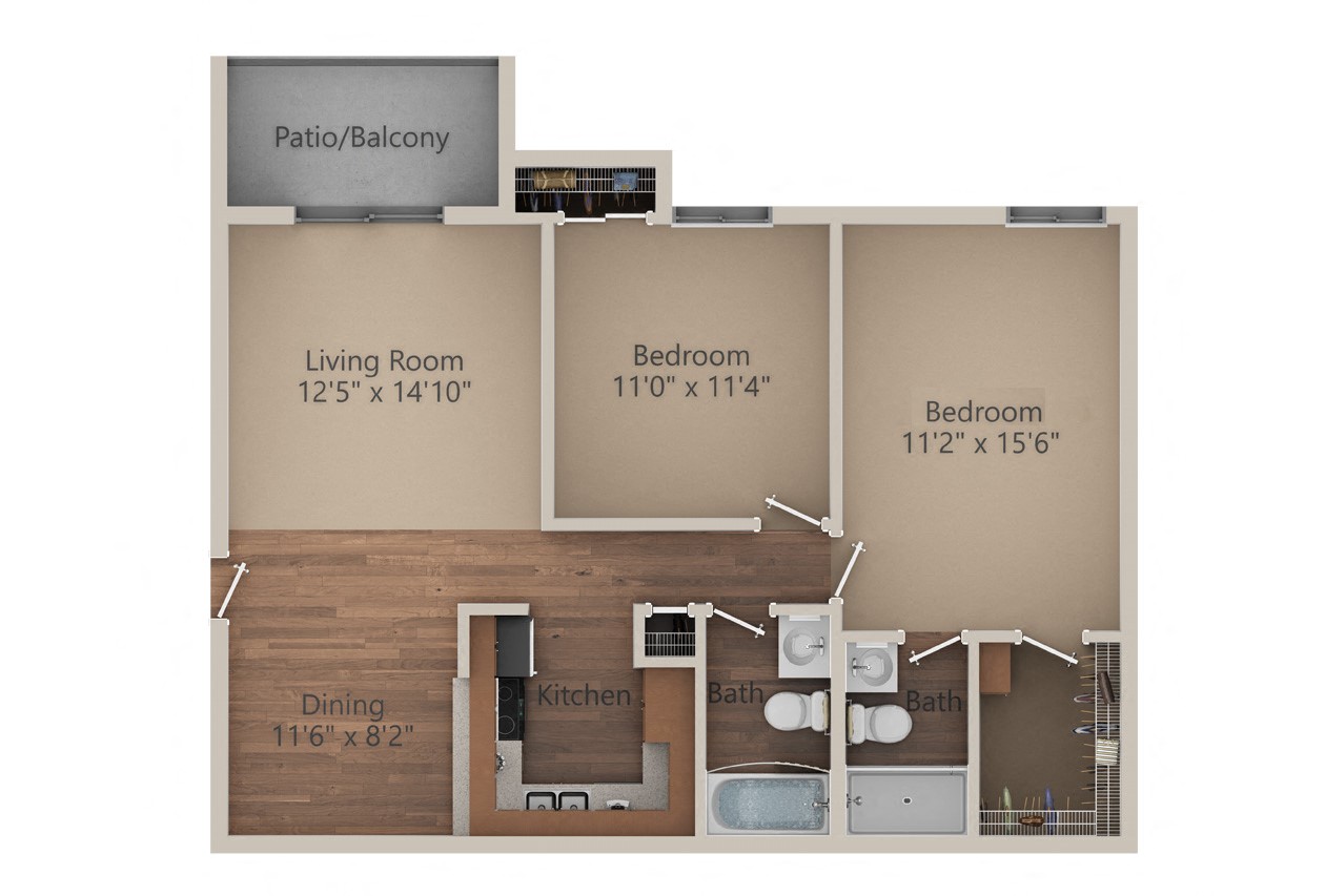 Floor plan for 2 beds, 2 baths, 950 sqft